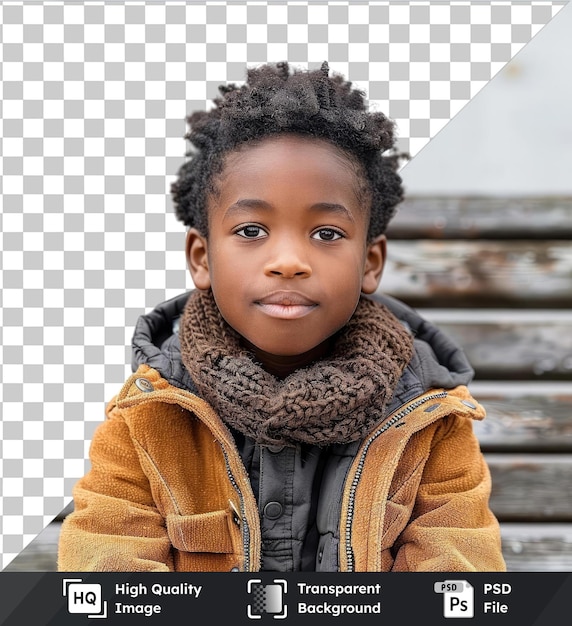 PSD fundo transparente retrato de um menino afro-americano sentado em um banco em um espaço urbano vestindo uma jaqueta marrom e lenço suas características incluem uma orelha pequena olho marrom nariz pequeno