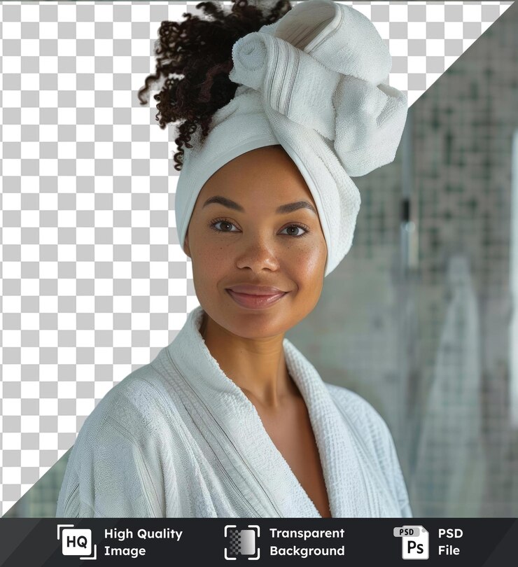PSD fundo transparente retrato psd de mulher de raça mista sorridente vestindo roupão de banho e toalha na cabeça de pé no banheiro