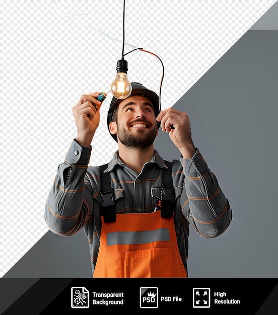 PSD fundo transparente sorridente satisfeito eletricista mudando a lâmpada no teto png