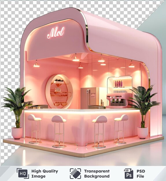 PSD fundo transparente stand de feira comercial rosa e branco com planta de banho e panela no chão branco