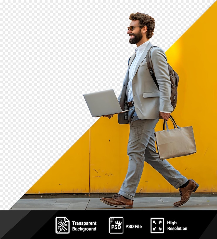PSD fundo transparente um jovem empresário indo trabalhar com um laptop na mão png psd