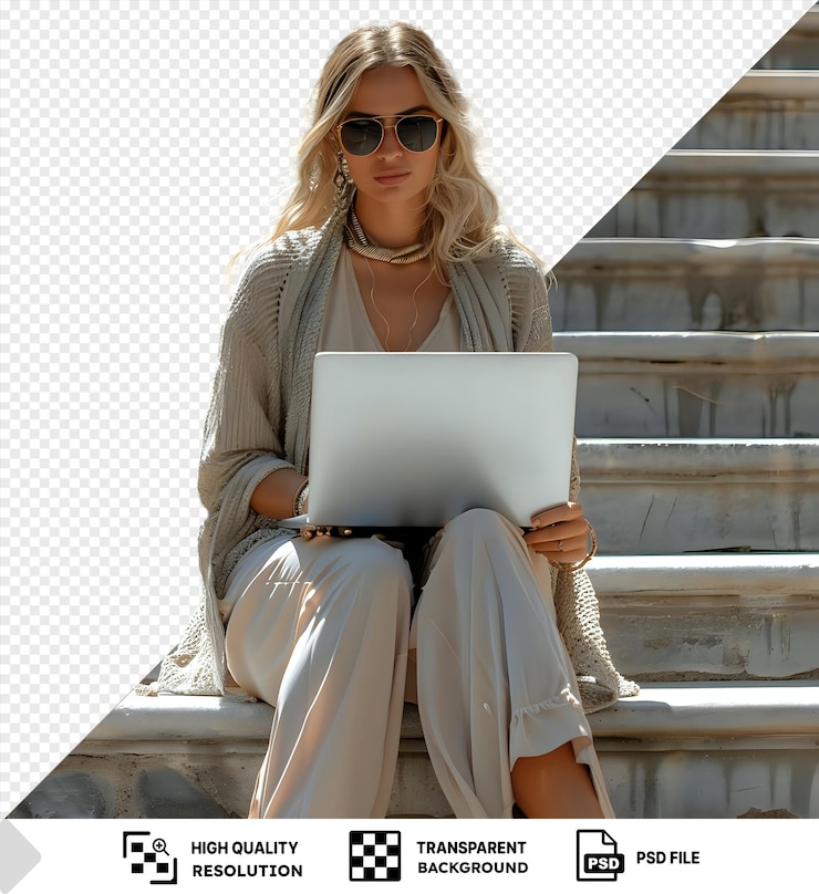 PSD fundo transparente uma mulher de óculos de sol sentada nas escadas e trabalhando em um laptop png