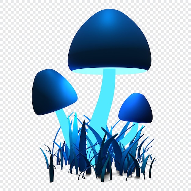 Funghi blu magici 3D Funghi luminosi e erba Funghi fantasy dei cartoni animati rendering 3D