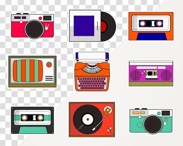 Funky vintage object pop art png set di adesivi