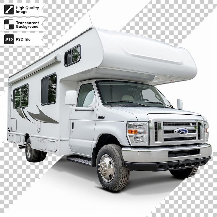 PSD una furgoneta blanca con un camper en el frente y la palabra "camper" en el frente