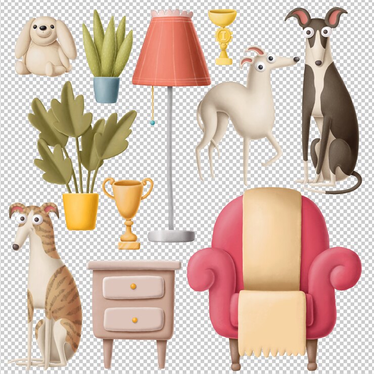 PSD furniture items and dogs clipart set