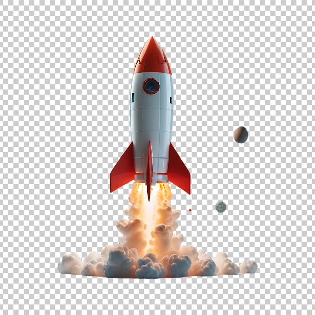 Une fusée 3D dans l'espace Une start-up isolée sur un fond blanc transparent PSD Premium