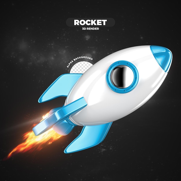 Fusée spatiale bleu et blanc volant rendu 3D isolé