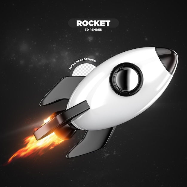 Fusée spatiale noir et blanc volant rendu 3D isolé