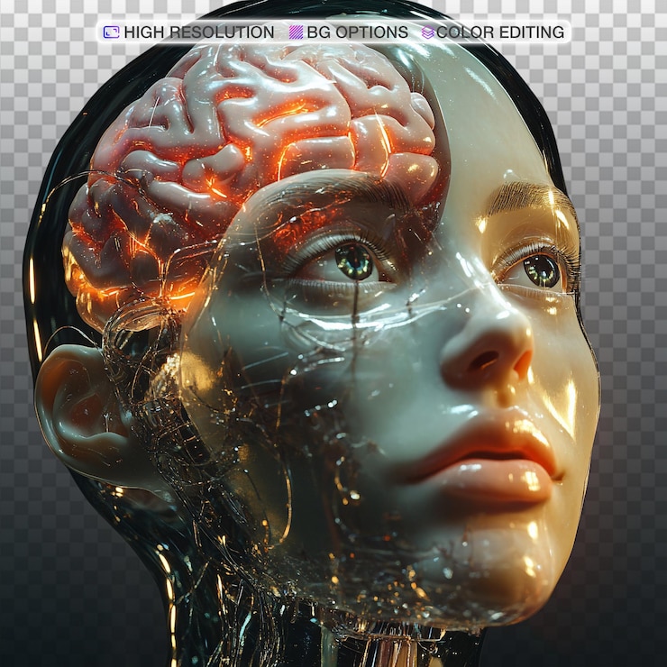 PSD fusión futurista del cerebro humano y el rostro robótico