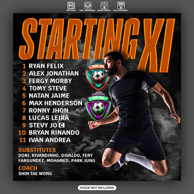 Fußball-Startelf-Flyer, Social-Media-Beitrag und Web-Banner