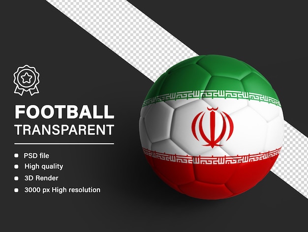 Fútbol en 3D con la bandera de Irán aislada en un fondo transparente