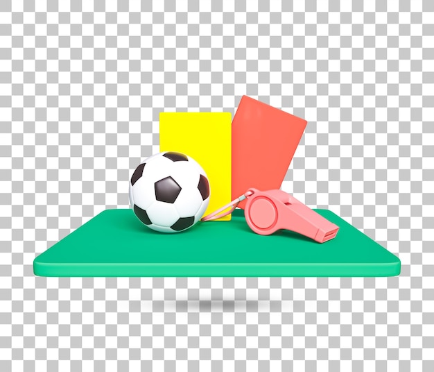 Fútbol, tarjeta amarilla, tarjeta roja, silbato de árbitro icono 3d. Icono 3d de elementos de fútbol. elementos de futbol