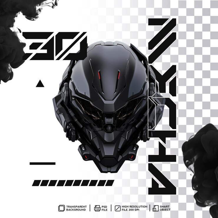 PSD futurista cyberpunk mecha cabeza de robot en renderizado 3d realista en un fondo transparente