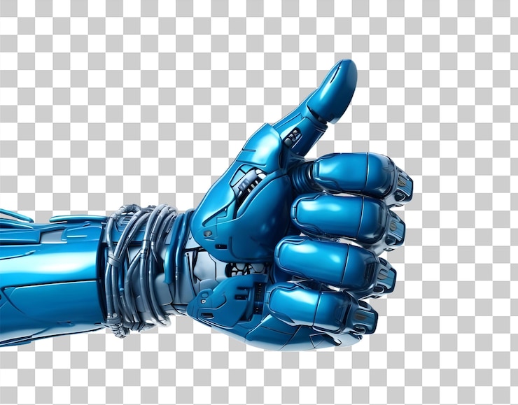 PSD futurista mano robot que levanta el pulgar aislada sobre un fondo transparente