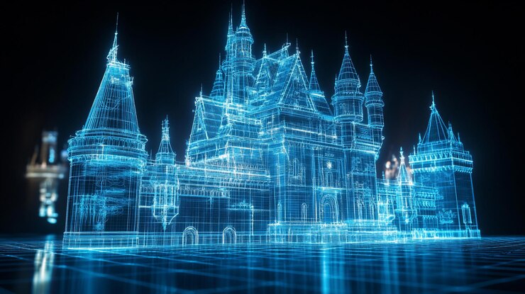 PSD futurista modelo de castillo de marco de alambre brillante azul renderizado digitalmente