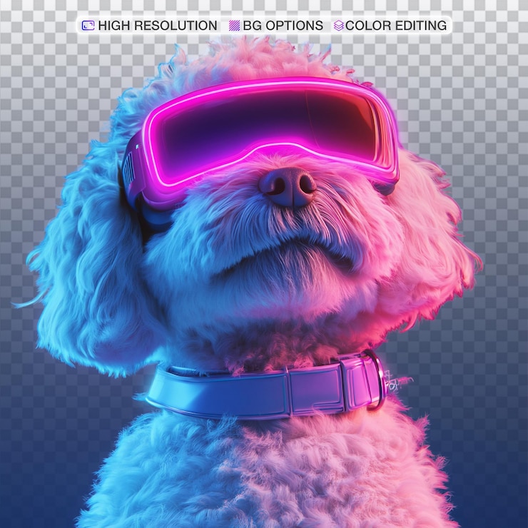 PSD futurista petfluencer poodle maltés en gafas de realidad virtual