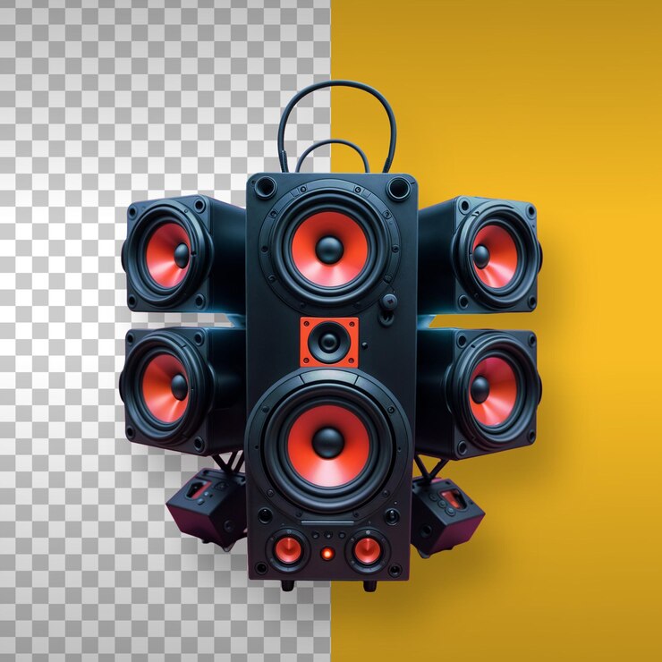 PSD futurista sistema de altavoces negros y rojos para un concierto fondo transparente