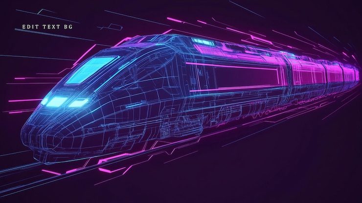 PSD futurista tren de alta velocidad acelerando a través de un túnel oscuro brillando con luces de neón vibrantes