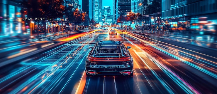 PSD futuristic car driving on a city street at night with light trails