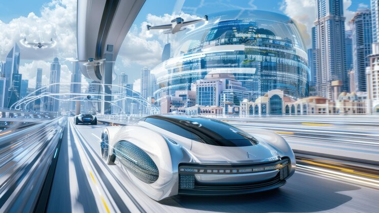 PSD futuristic city with flying vehicles and a selfdriving car on a highway