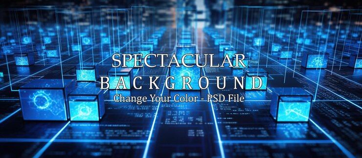 PSD futuristic data grid with neon cubes in a digital space