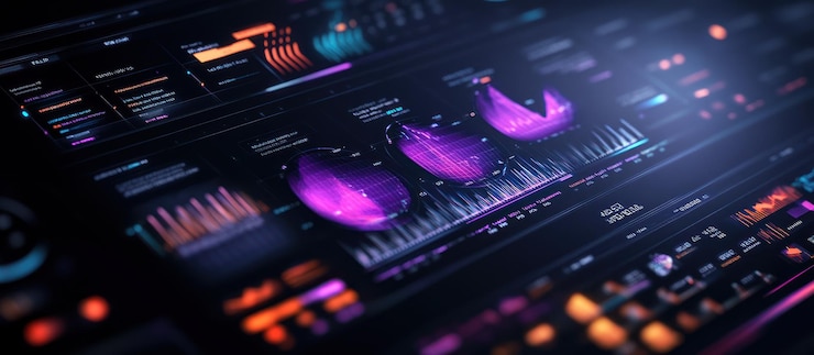 PSD futuristic digital dashboard with glowing charts and graphs