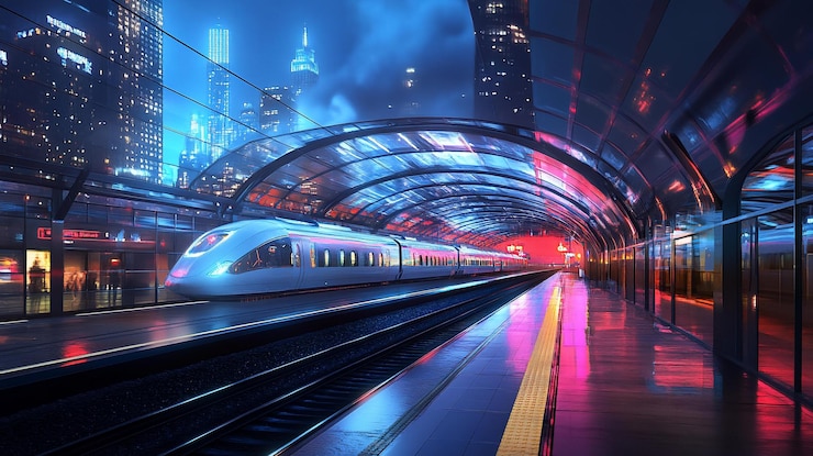PSD futuristic highspeed train at a modern city station at night