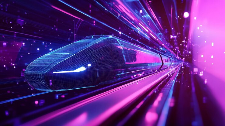 PSD futuristic highspeed train speeding through a neonlit tunnel 2