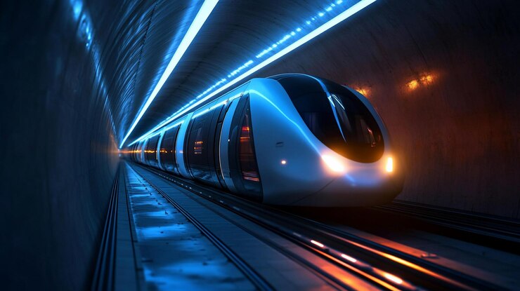 PSD futuristic highspeed train traveling through a neonlit tunnel