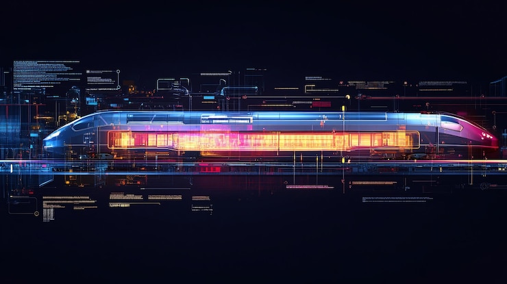 PSD futuristic highspeed train with digital overlay