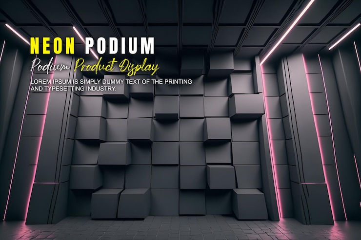 PSD futuristické pódium, prezentace produktu s neonovým osvětlením