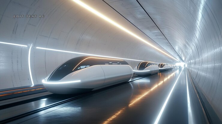 PSD futurísticos trenes de alta velocidad que viajan a través de un túnel iluminado