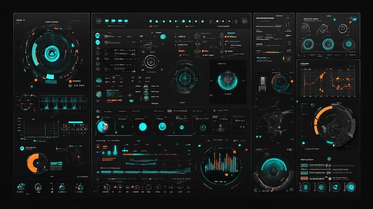 PSD futuristische hud-schnittstelle mit datenvisualisierungsgrafiken, diagrammen und digitalen displays