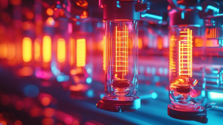 PSD futuristische leuchtende vakuumröhren mit lebendiger neonbeleuchtung detaillierte nahaufnahme technologischer komponenten