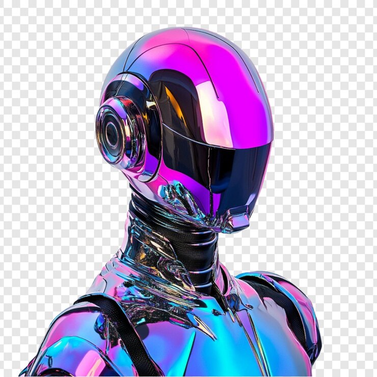PSD futuristische roboterkopf-iridescent-rüstung im cyberpunk-stil