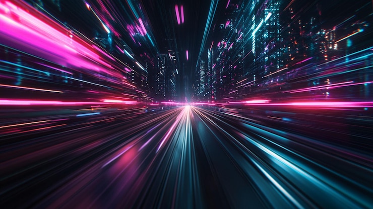 PSD futuristische stadtstraße in der nacht mit lebendigen lichtspuren