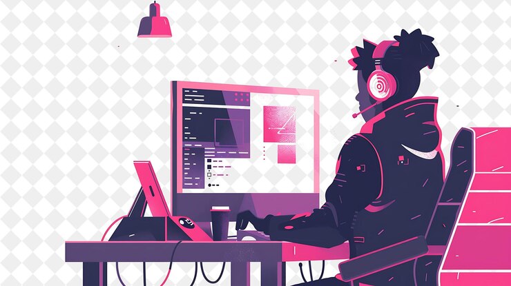 PSD futuristischer ai-entwickler mit charakterprogrammierung und desi-png-menschen in der täglichen arbeitsillustration