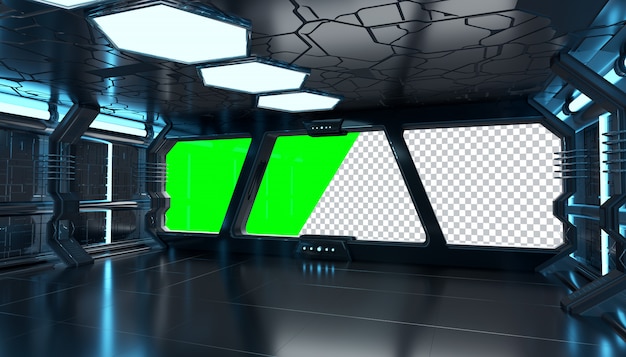 Futuristischer Innenraum des dunklen Raumschiffs mit herausgeschnittenem Fenster
