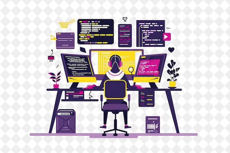 PSD futuristischer webentwickler mit zeichenkodierung und design in png menschen in der täglichen arbeit illustration