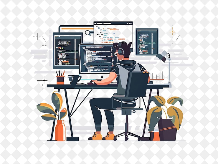 PSD futuristischer webentwickler mit zeichenkodierung und design in png menschen in der täglichen arbeit illustration