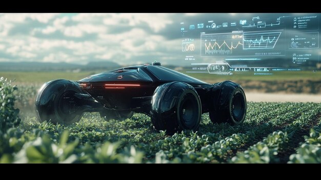 Futuristisches autonomes Fahrzeug in einem Feld, das Daten auf einem Headsup-Display anzeigt