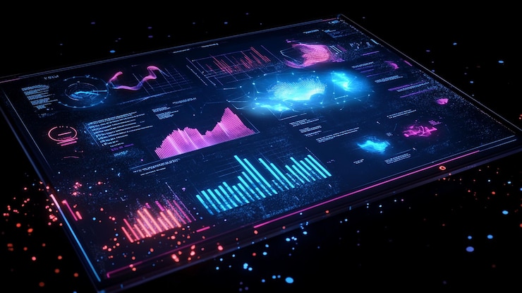 PSD futuristisches digitales dashboard mit interaktiven grafiken, diagrammen und datenvisualisationen auf einem transparenten bildschirm