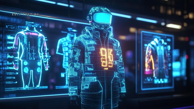 PSD futuristisches digitales kleidungsdesign auf einem holographischen modell
