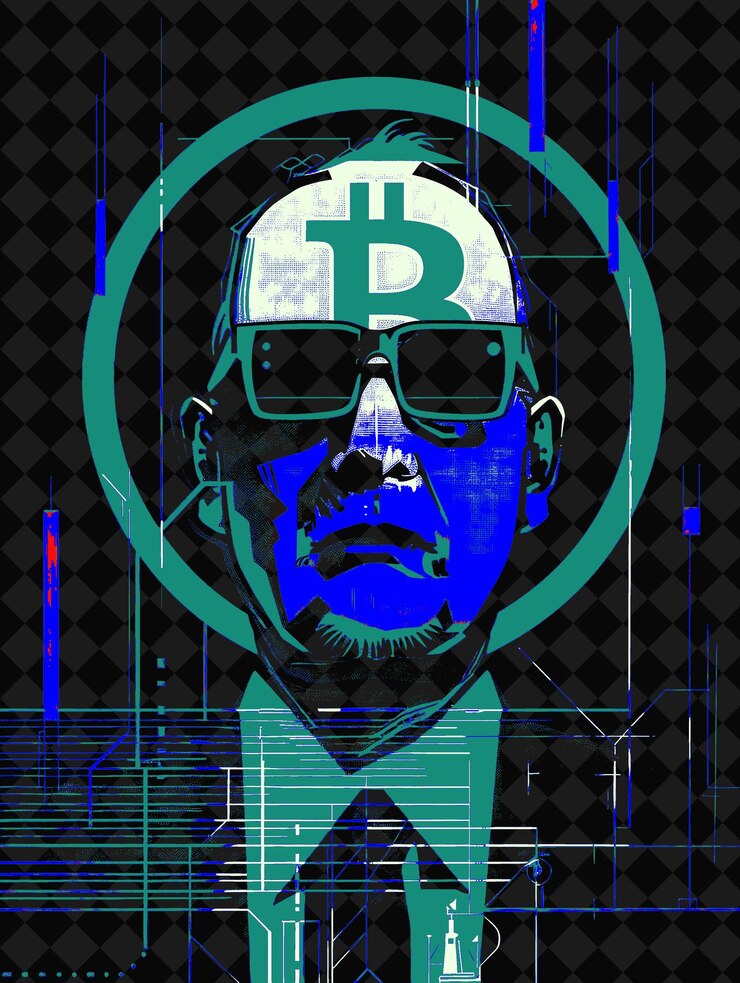 PSD futuristisches porträt eines präsidentschaftskandidaten mit bitcoin-symbol illustration wahlkampfdesign