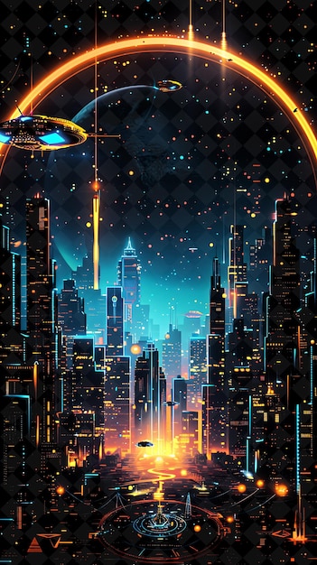 Futuristisches stadtbild arkanrahmen mit hoch aufragenden wolkenkratzern neonfarbenrahmen y2k-kunstsammlung