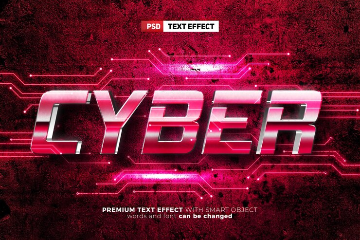 PSD futuro cyber retrò metallico rosso bagliore 3d modificabile effetto testo muro logo mockup