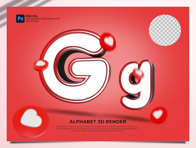 G alfabeto 3d render color rojo con elementos