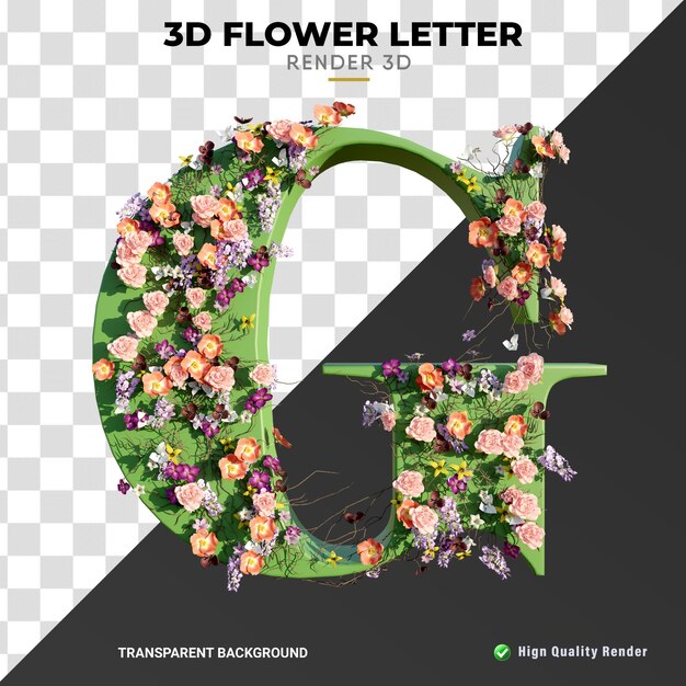 PSD g letra 3d flores e folhas de alta qualidade renderização realista textura verde brilhante