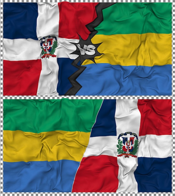 Gabón contra Dominica Media bandera combinada con textura de baches de tela Renderizado en 3D